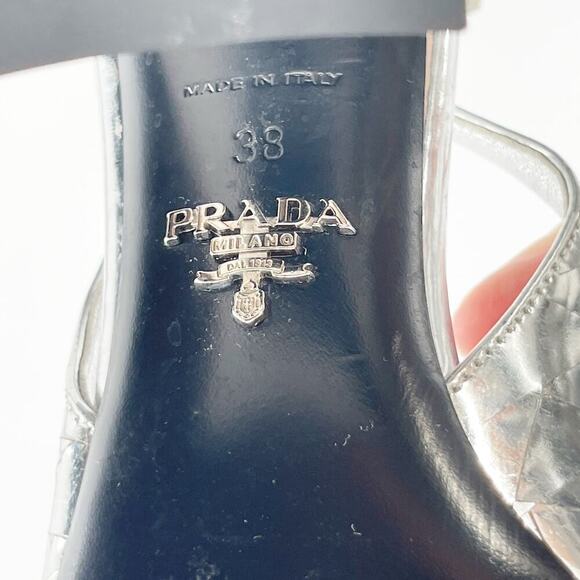 Prada Geometric Silver Metallic Logo Triangle Slingback Pumps In Argento IT 38 - Picture 12 of 13